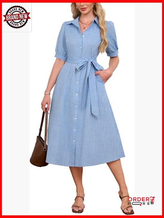 Dresses & Skirts - Button Down Shirt Dress Puff Short Sleeve Midi Tunic with Belt